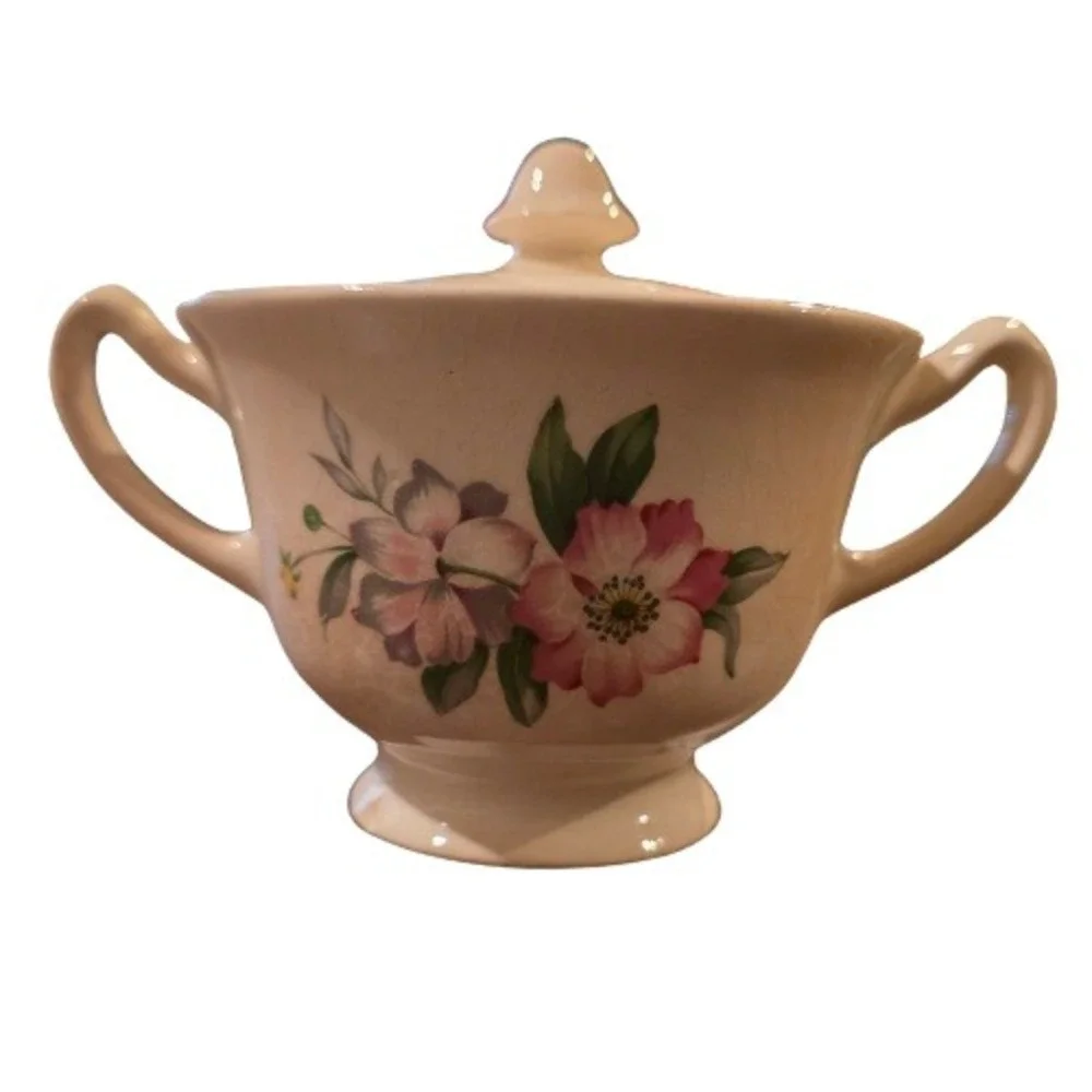 Vintage Floral Ceramic Sugar Bowl Lid Cream Pink Crazed Glaze Pedestal Grandma